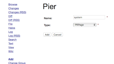 Pier Name: system, Type: PRPage, click Add