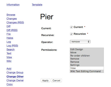 Pier Current: checked, Recursive: checked, Operator: remove, Permissions: All but view